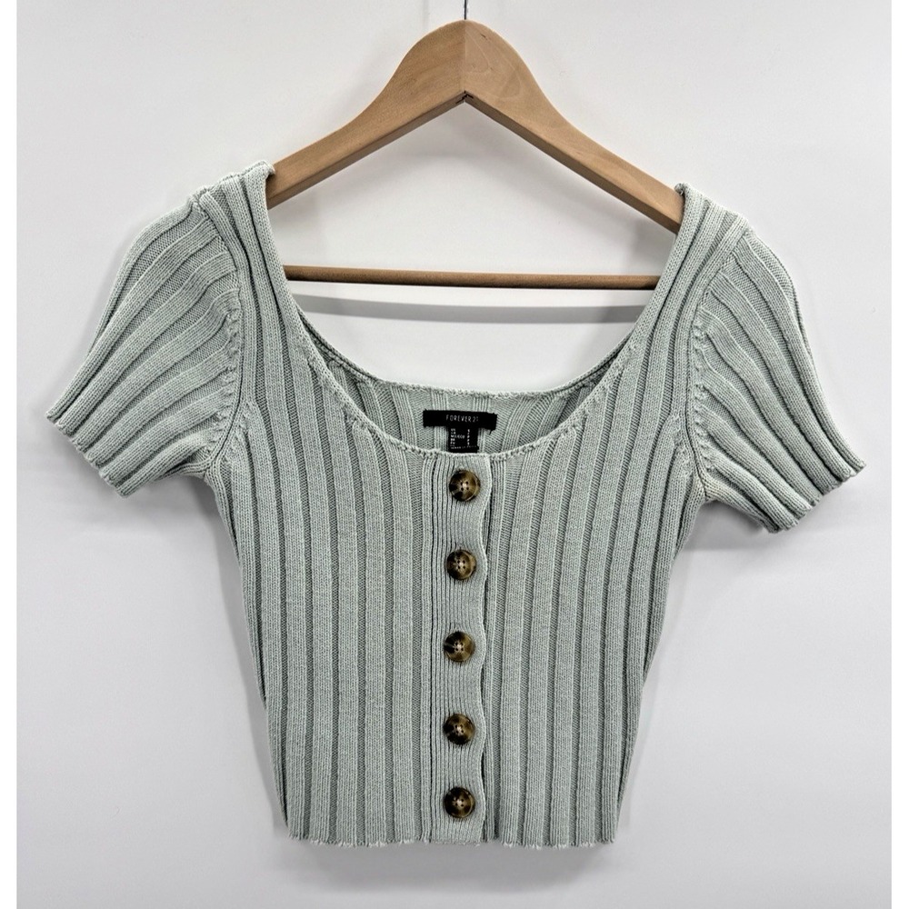 Forever 21 Cropped Ribbed Button Front Cardigan Small Cottage Preppy Boho Twee